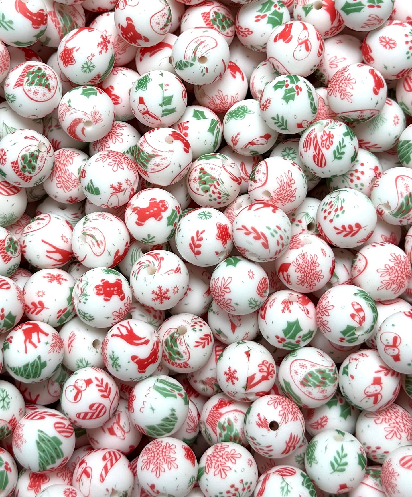 15mm Print White Christmas Symbols Round Silicone Beads