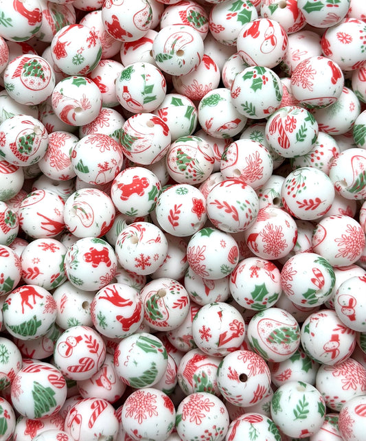 15mm Print White Christmas Symbols Round Silicone Beads