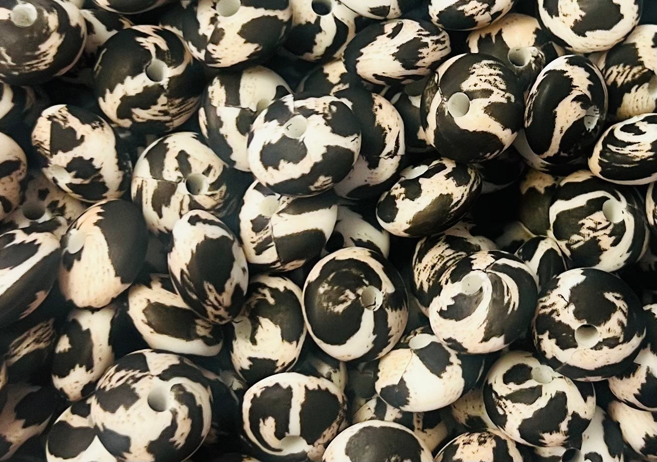 12mm Lentil Print SNOW Leopard Silicone Bead