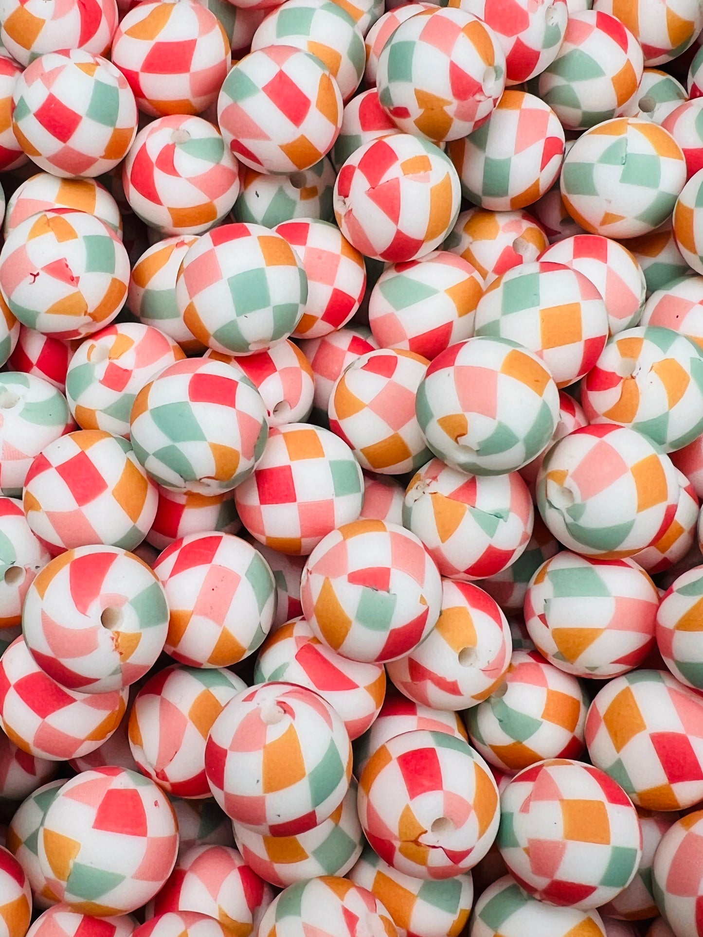 15mm Print Citrus Sage CHECKER Print Round Silicone Beads
