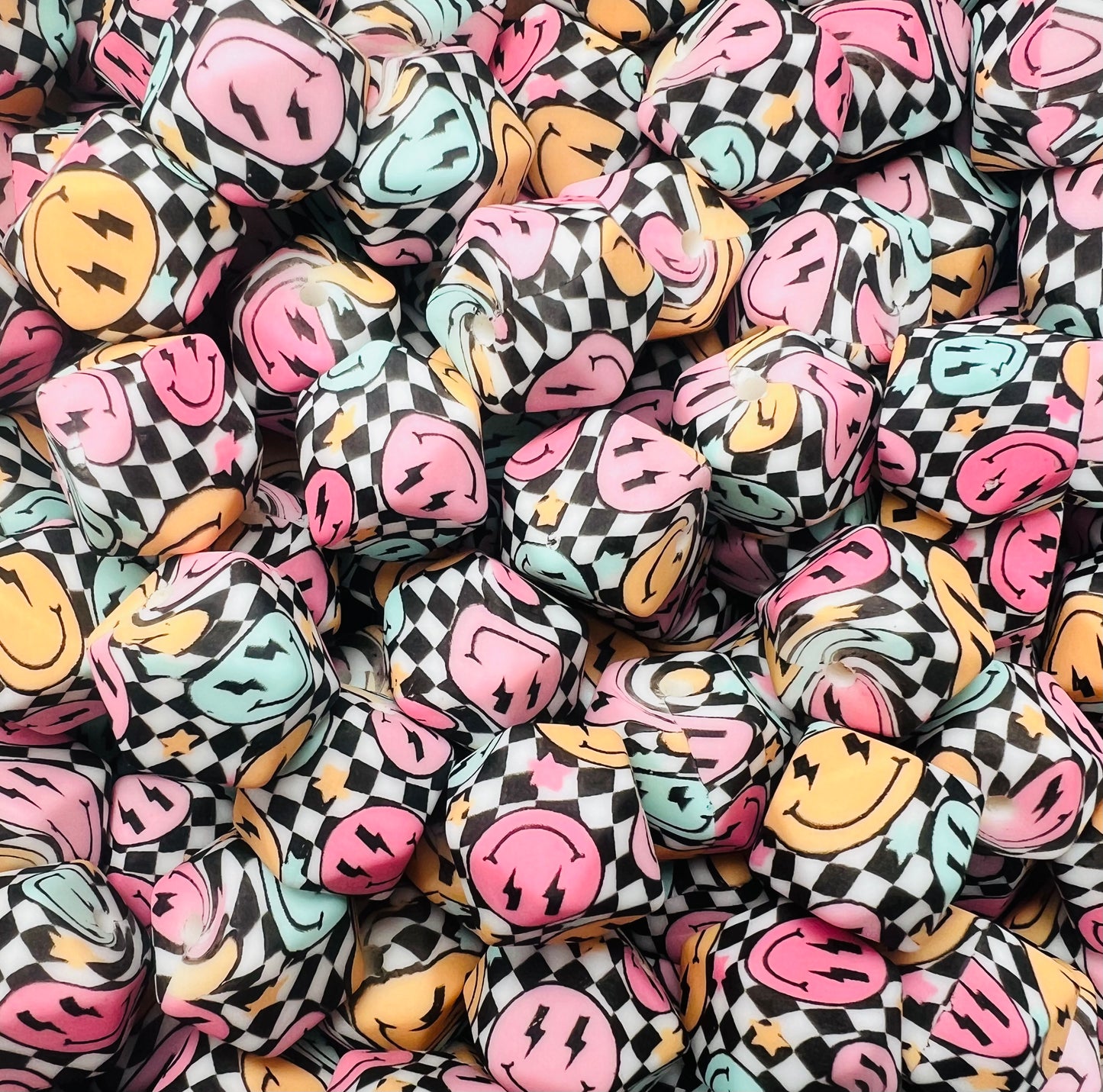 14mm HEXAGON Retro Happy Face EXCLUSIVE Checkered Flag Printed Silicone Beads