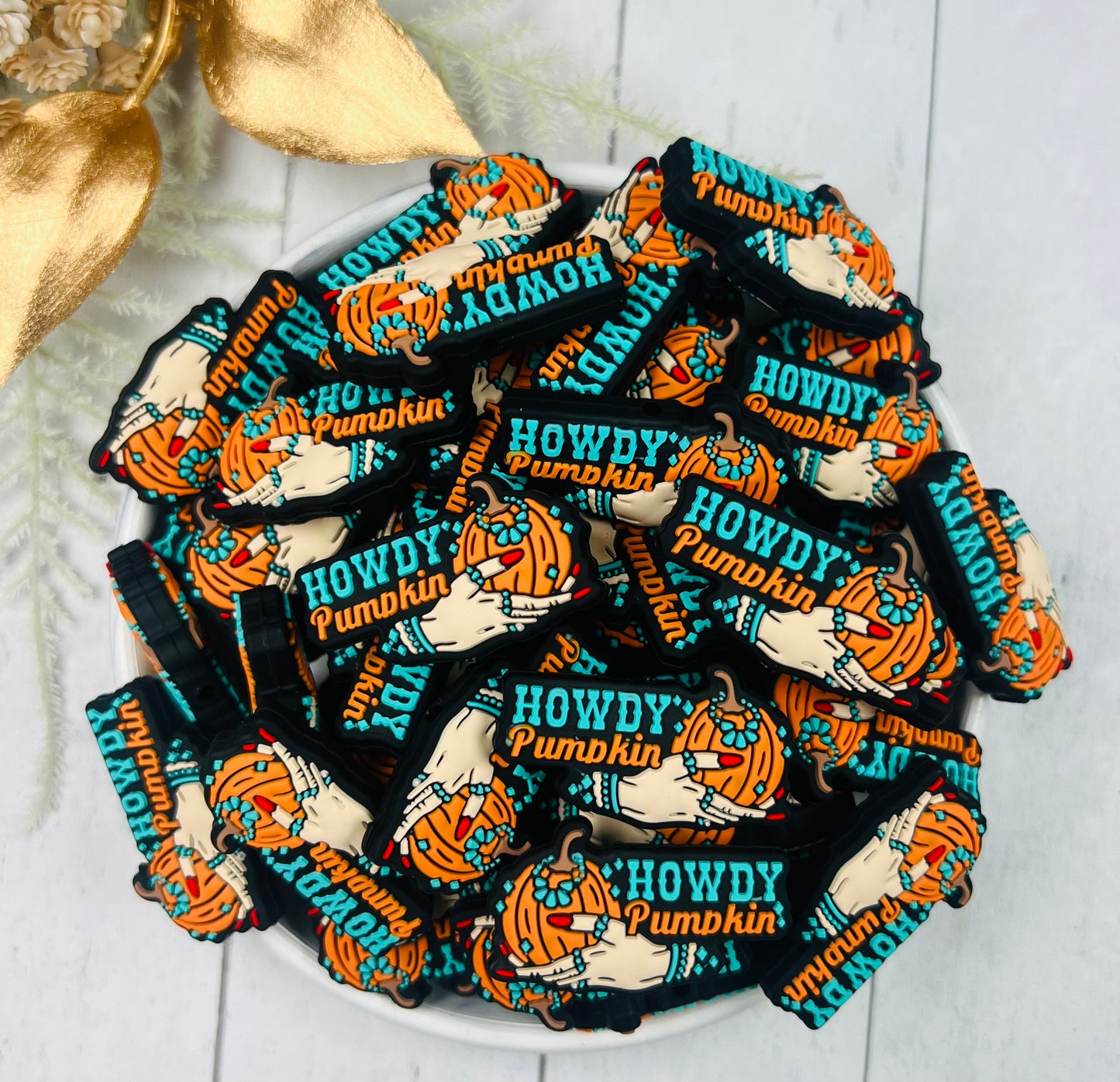 Small Western Howdy Pumpkin EXCLUSIVE Silicone Focal Bead, Halloween Silicone Bead