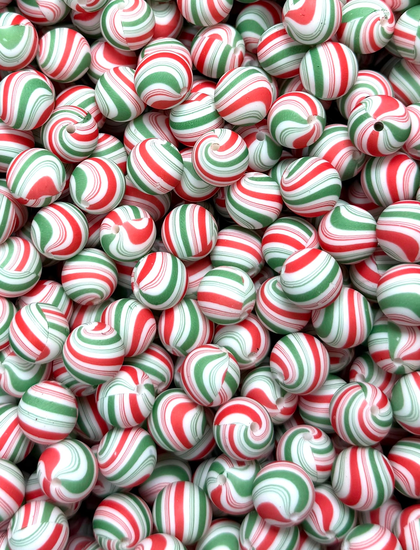 15mm Print MINTY Christmas Stripe Round Silicone Beads