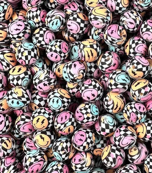 15mm Print Retro Happy Face Checker EXCLUSIVE Round Silicone Beads