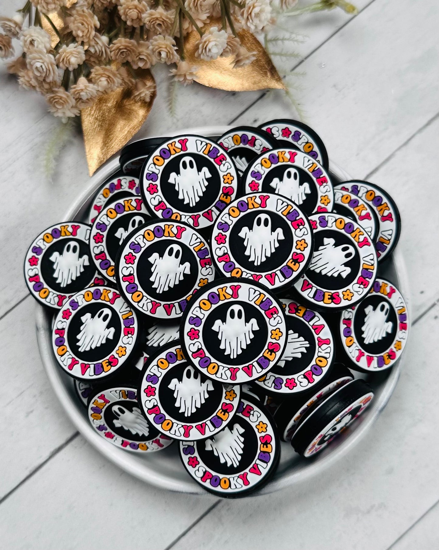 H- Spooky Vibes Silicone Focal Bead, Fall Silicone Bead, Halloween Silicone Bead
