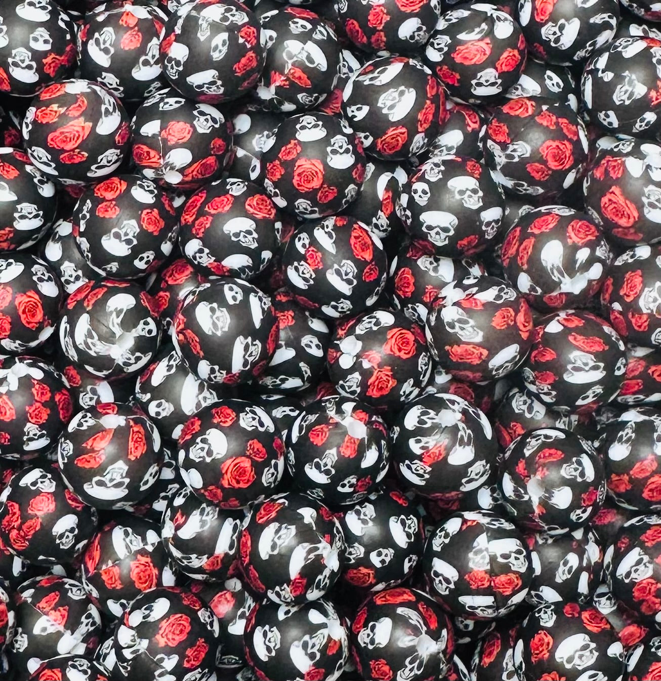 15mm Print Skull and Roses EXCLUSIVE Silicone Beads