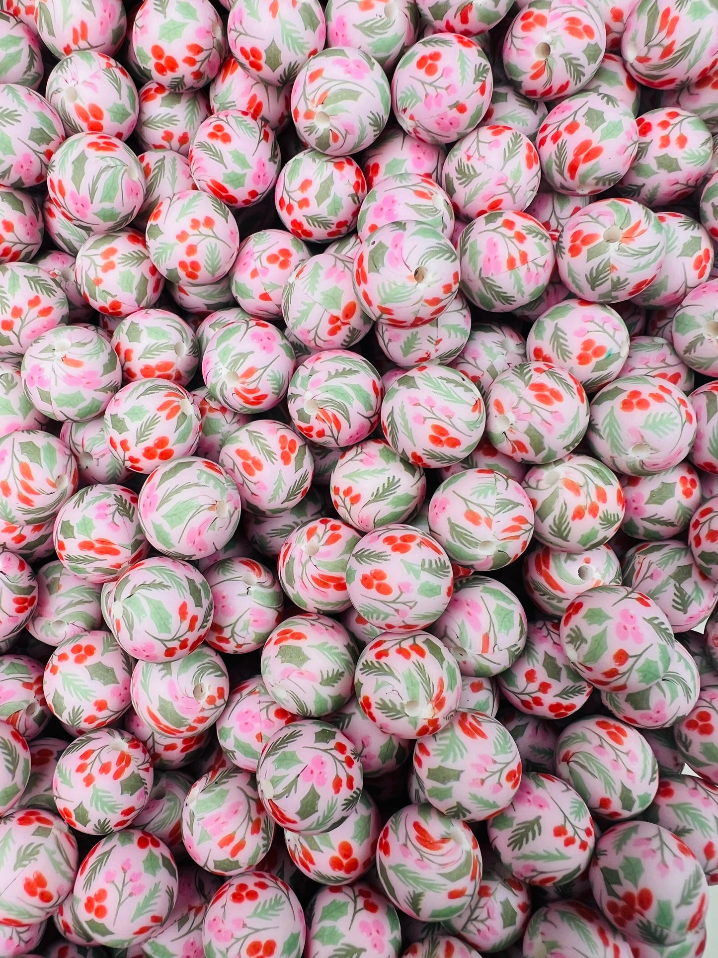 15mm Print Holly Berry EXCLUSIVE Round Silicone Beads, Christmas Silicone Beads