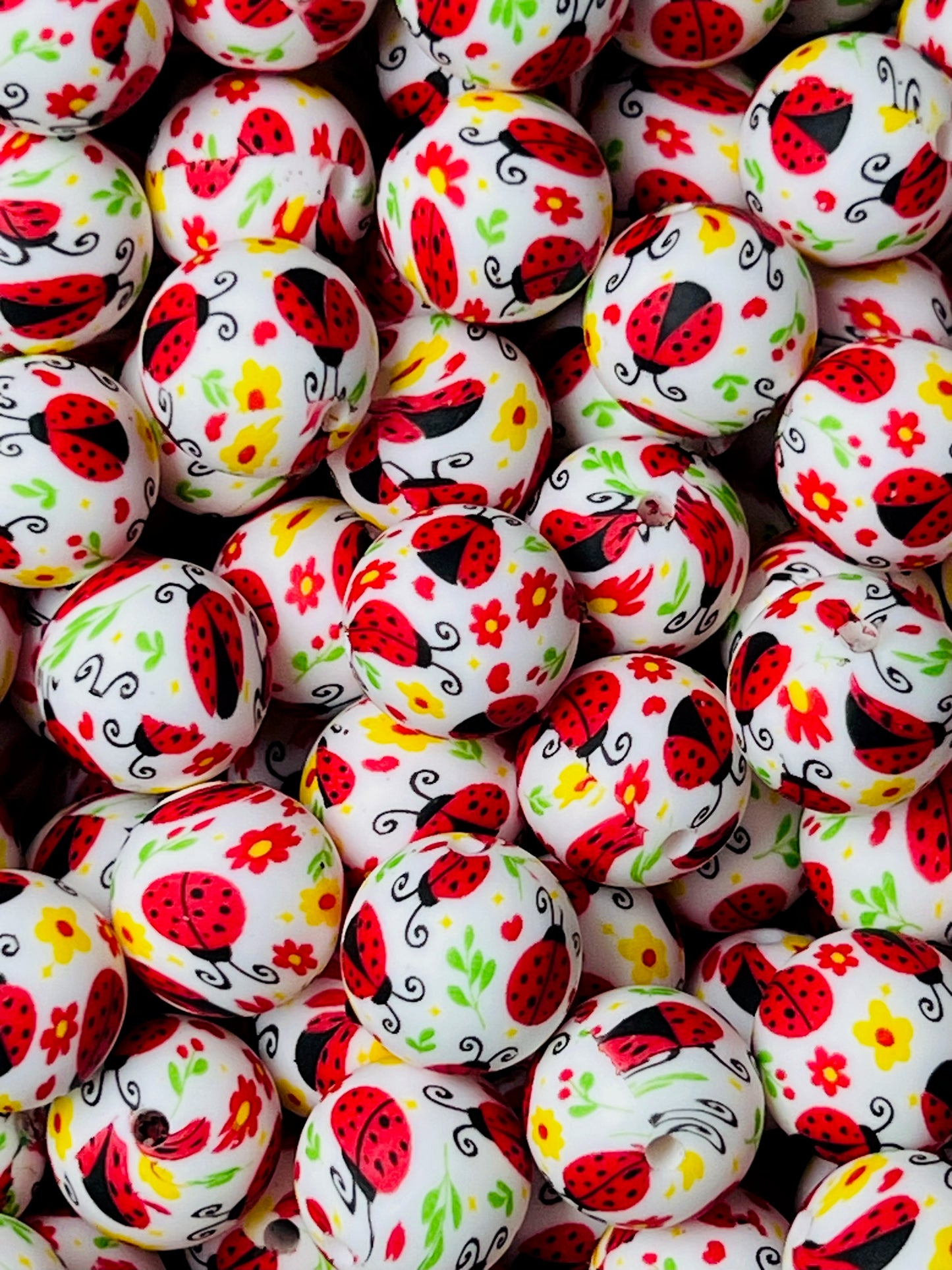 15mm Print Ladybugs Round Silicone Beads