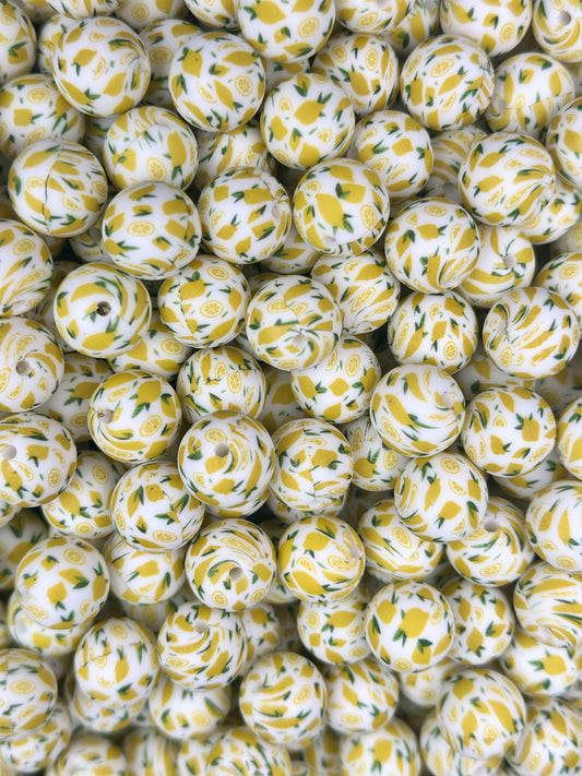 15mm Print Main Squeeze Round Silicone Beads, Lemon Print Beads