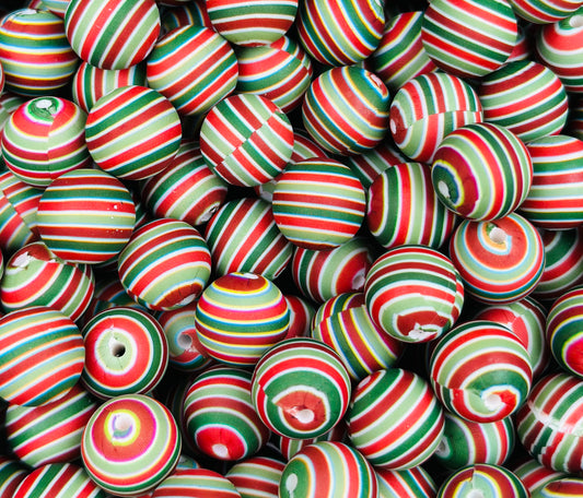 15mm Print Christmas Stripe EXCLUSIVE Round Silicone Beads