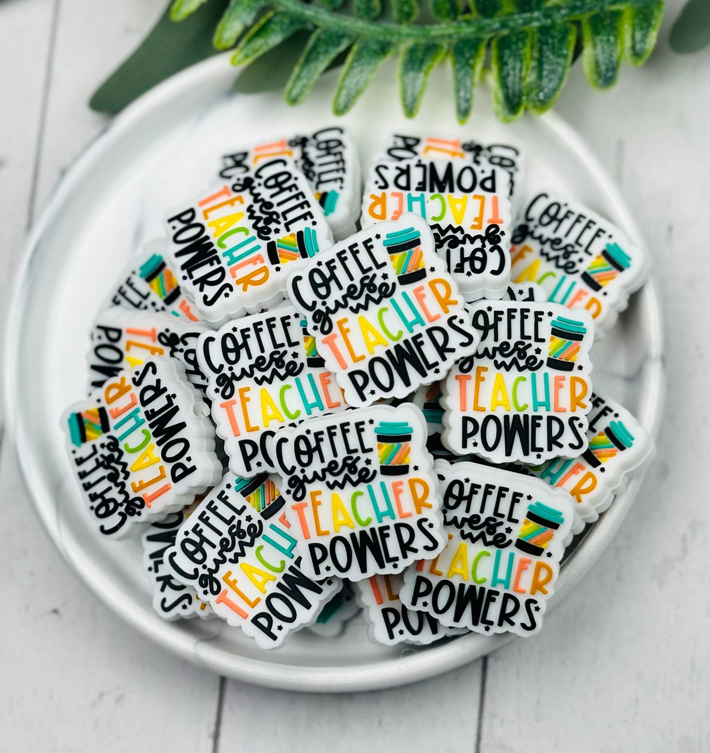 D- Coffee Gives Me Teacher Powers Silicone Focal Bead, Coffee Silicone Focal Bead, Teacher Silicone Bead