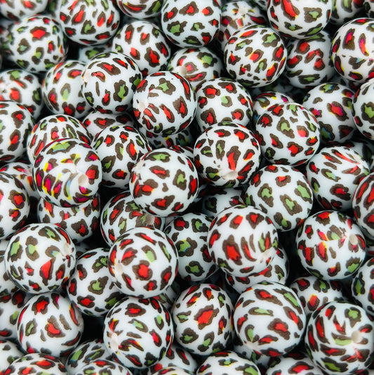15mm Print Christmas Leopard EXCLUSIVE Round Silicone Beads
