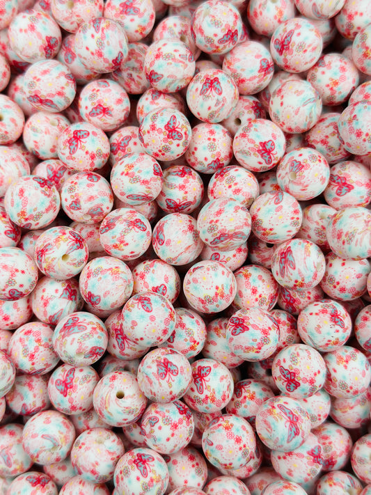 15mm Print Butterfly Kisses Round Silicone Print Beads