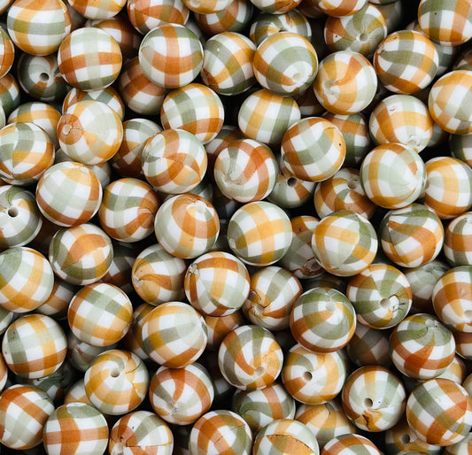 15mm Print Fall Plaid EXCLUSIVE Round Silicone Beads