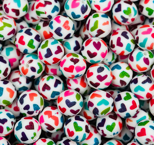 15mm Print Colorful Hearts Round Silicone Beads, Valentine Silicone Beads