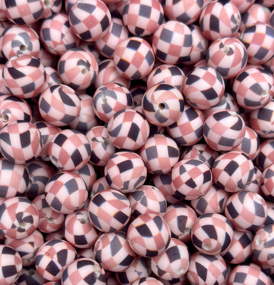 15mm Print Emotionally Attached Checkered EXCLUSIVE Round Silicone Beads