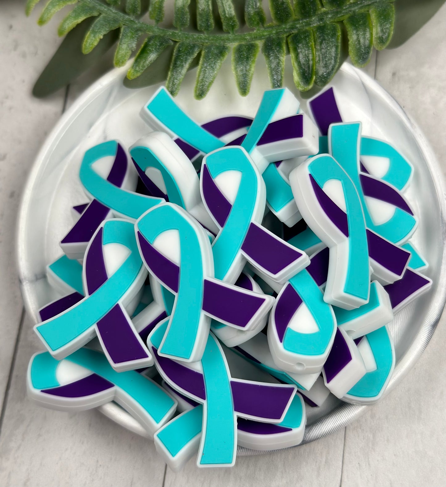 N- Teal and Purple Awareness Ribbon EXCLUSIVE Shape Silicone Bead, Suicide Ribbon Focal Bead