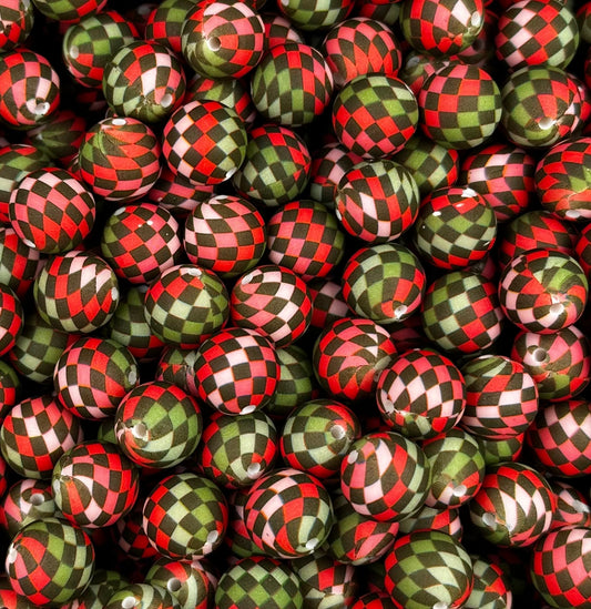 15mm Print Dark Christmas Checkered EXCLUSIVE Round Silicone Beads