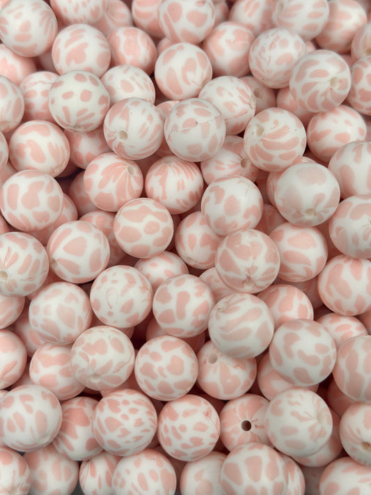 15mm Print Pink Moo Round Silicone Beads, Animal Print Beads