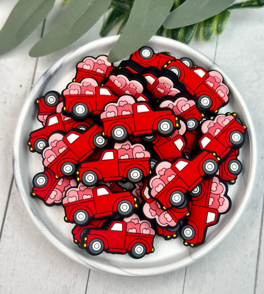 Heart Red Truck Silicone Focal Bead, Valentine Focal
