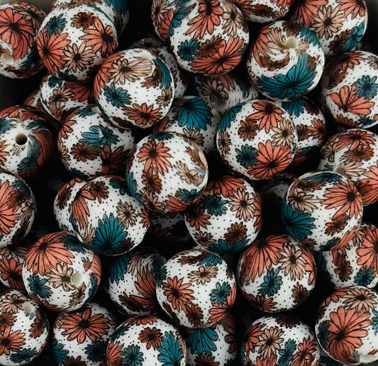 15mm Print Sunset Daisies EXCLUSIVE Round Silicone Beads, Floral Print Beads