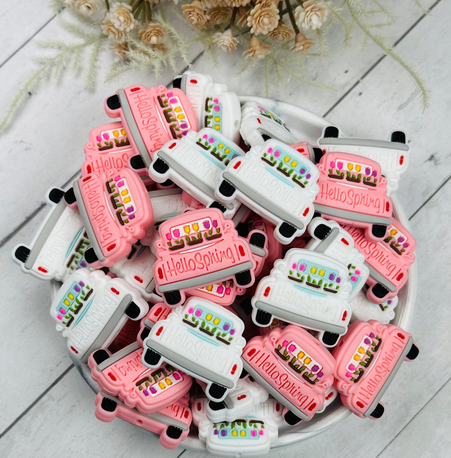 E- Hello Spring Truck Silicone Focal Bead, Flower Truck Focal Bead