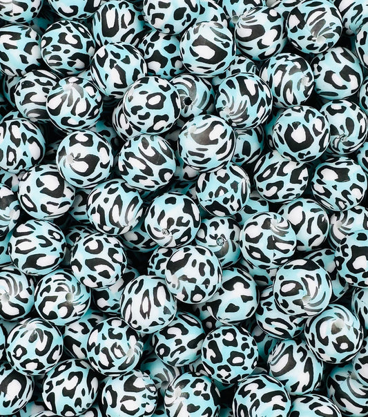 15mm Print Teal Leopard Round Silicone Bead, Animal Print Silicone Bead