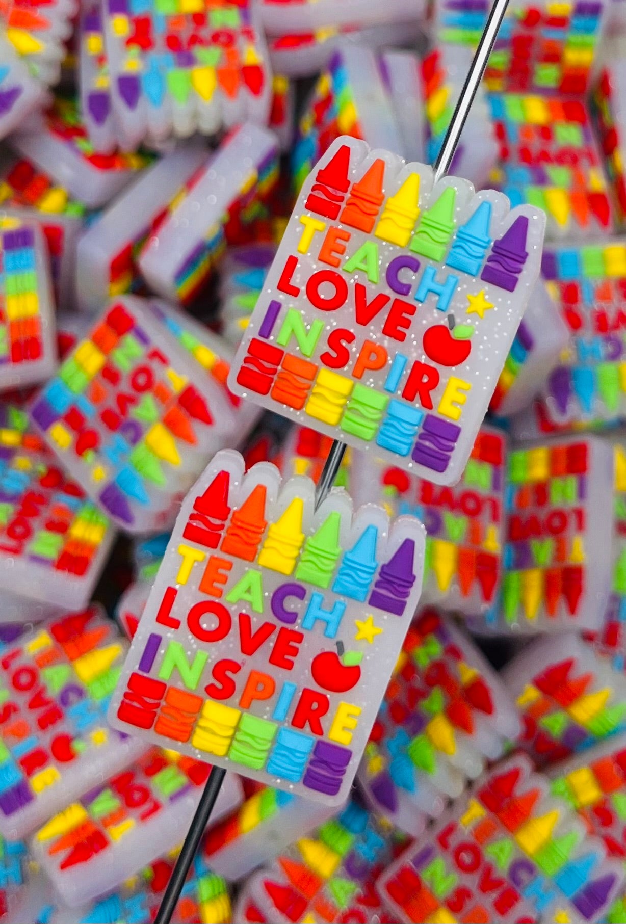 Crayons Teach Love Inspire Silicone Focal Bead, Teacher Shape Silicone Focal Bead