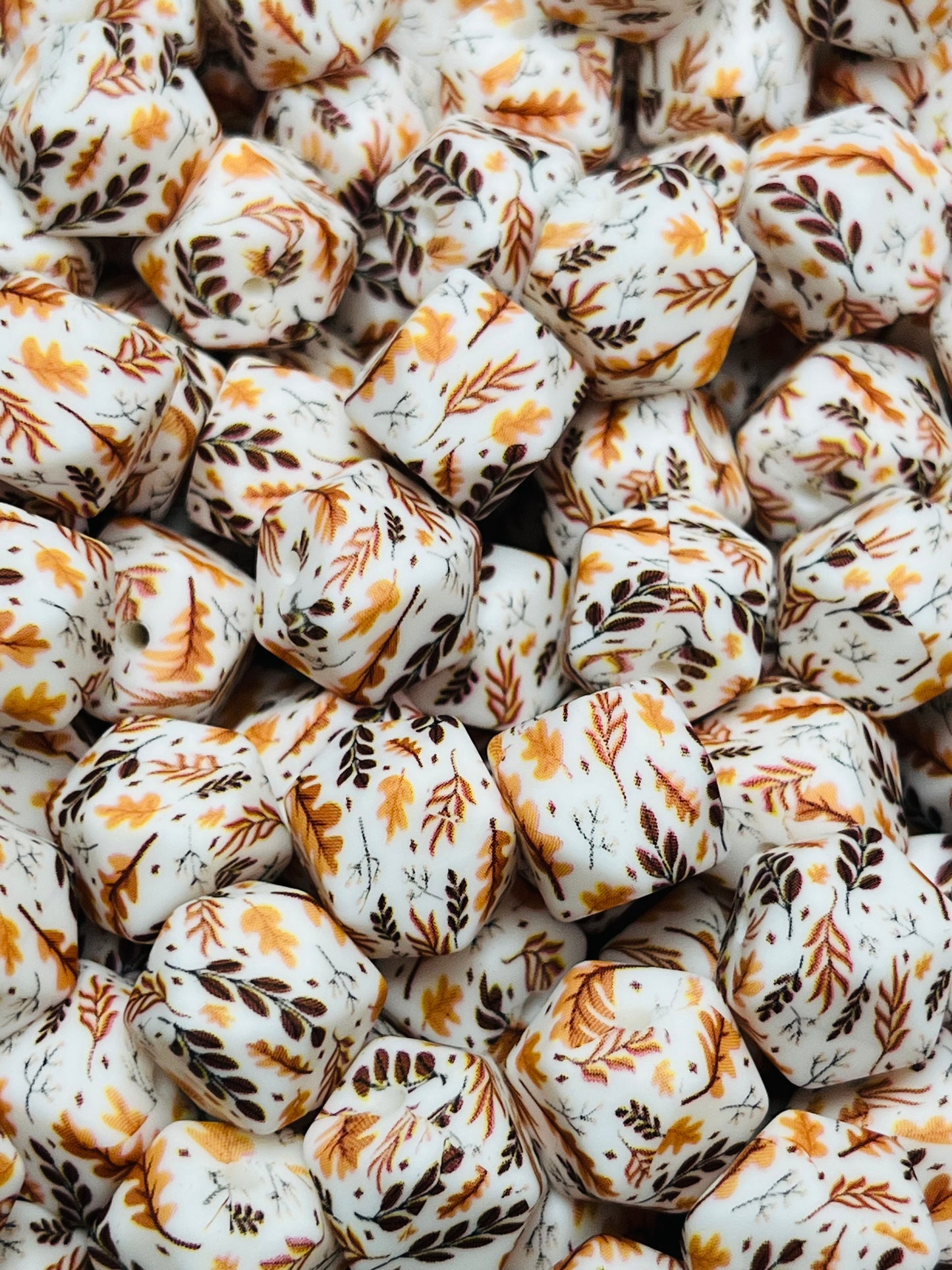 14mm Hexagon Fall Leaves EXCLUSIVE Printed Silicone Beads