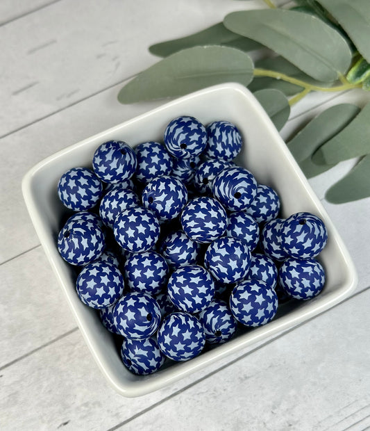 15mm Print Blue and White Star Round Silicone Beads