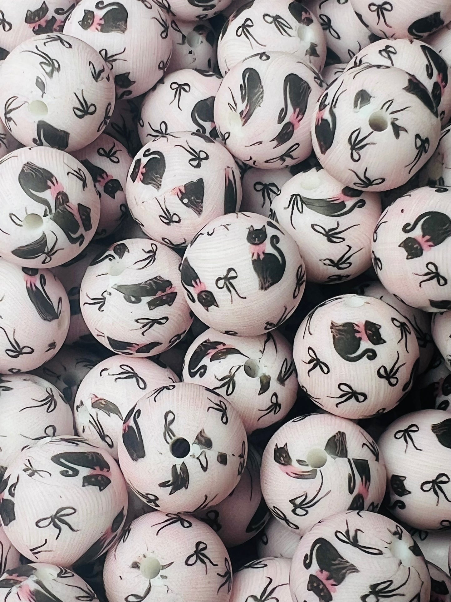 15mm Print Meow Bows Round Silicone Beads, Animal Bow Silicone Bead