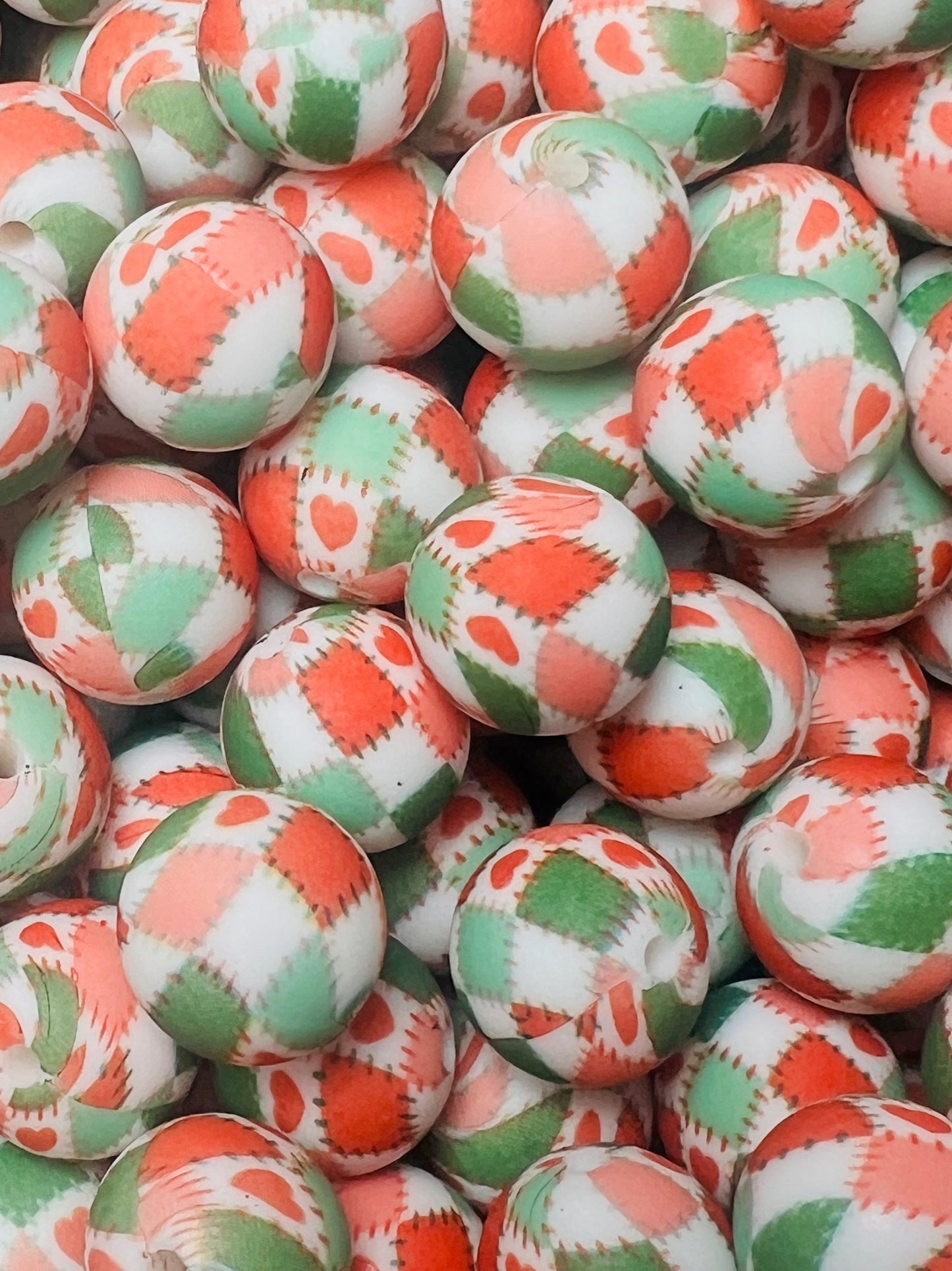 15mm Print Christmas Patchwork Round Silicone Beads, Christmas Silicone Bead