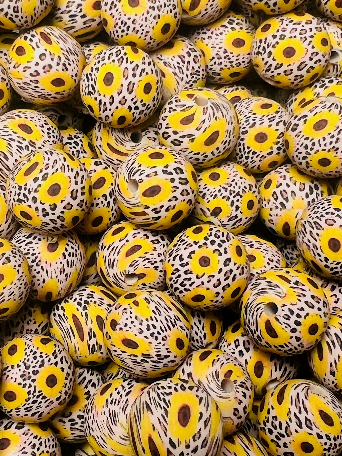 15mm Print Safari Sunflower Round Silicone Beads, Flower Silicone Bead