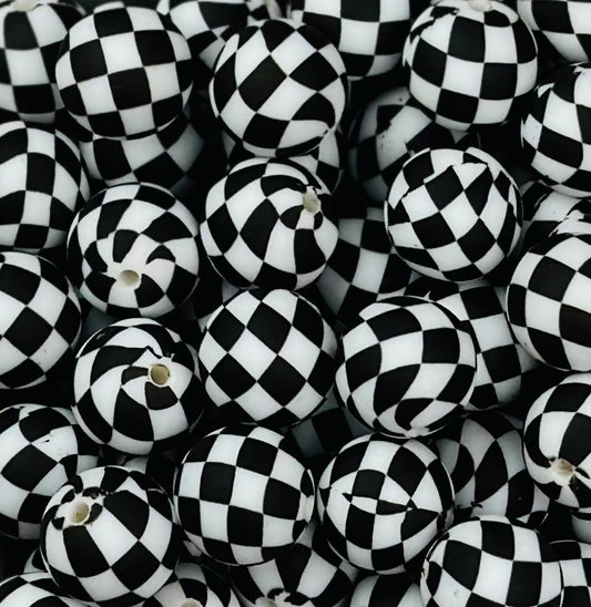 15mm Print Black Checkered Flag EXCLUSIVE Round Silicone Beads