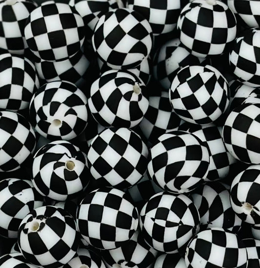 15mm Print Checkered Flag EXCLUSIVE Round Silicone Beads