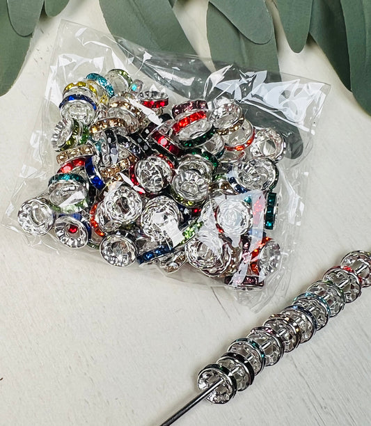 *10mm Large Hole Rhinestone Spacer Bead - Pack of 100 beads in a variety of colors, Rondelle Spacer Bead