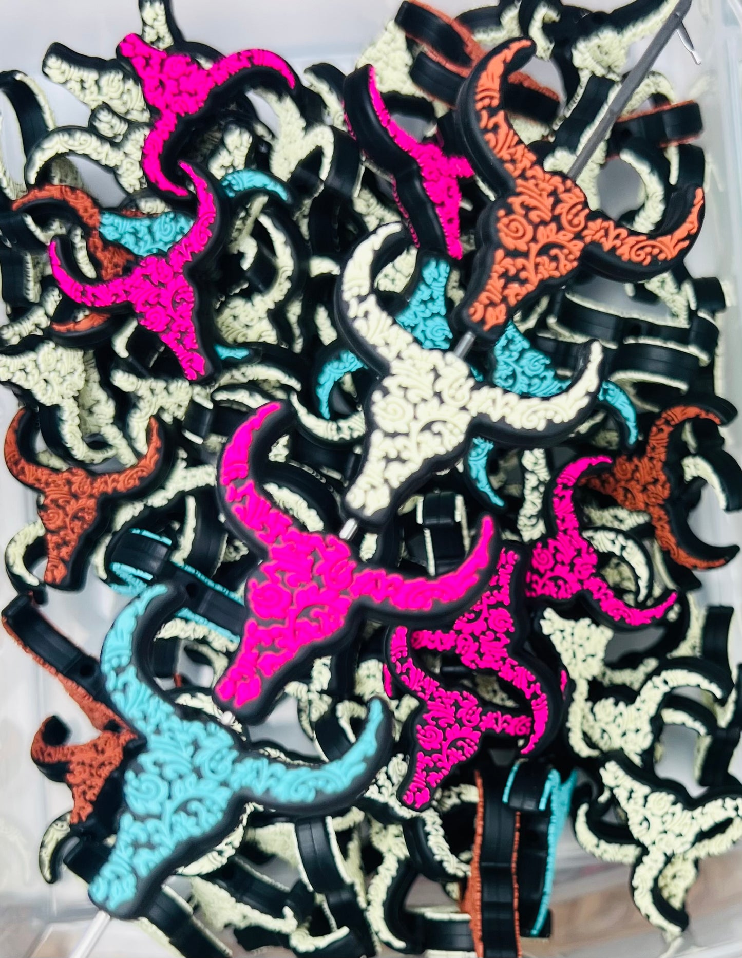 Discontinued- Paisley Longhorn Silicone Focal Bead, Longhorn Cow Silicone Bead, Animal Shape Silicone Bead, Farm Focal
