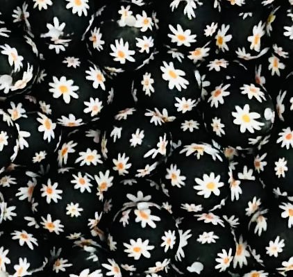 15mm Print Little Black Daisy Round Silicone Beads, Flower Silicone Bead