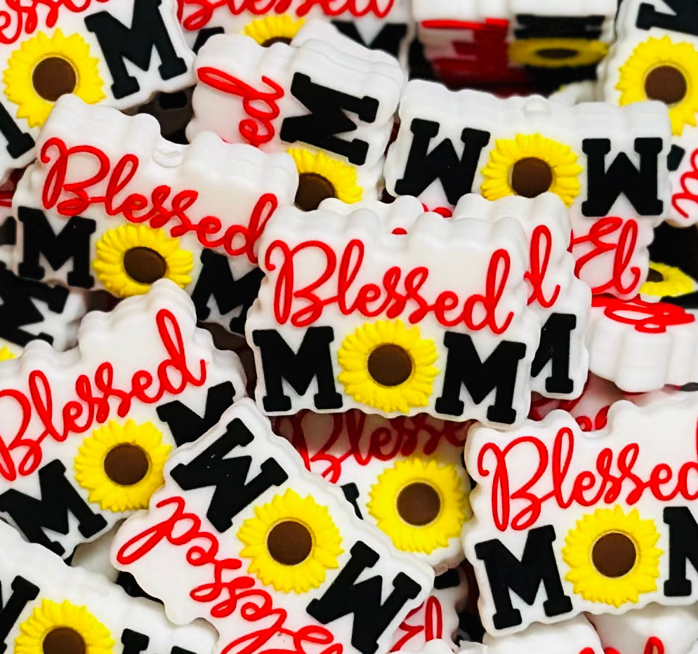 Discontinued- Blessed Mom Focal Silicone Bead, Sunflower Focal Silicone Bead, Mom Bead