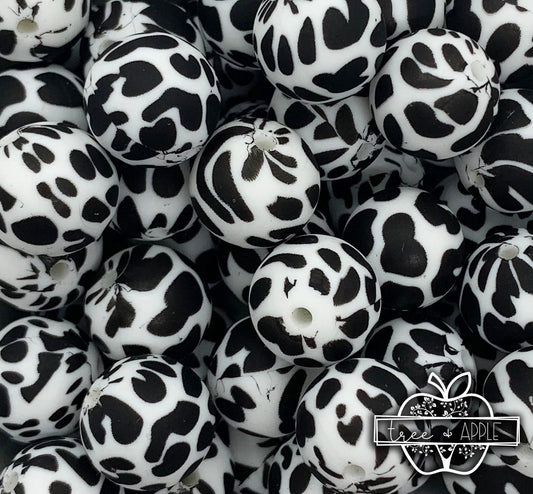 15mm Print Cow Dalmatian Round Silicone Beads