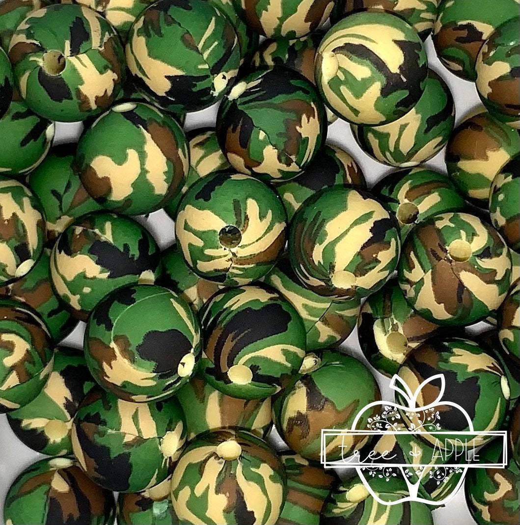12mm Round Print Old Camo Silicone Beads, Army Silicone Beads