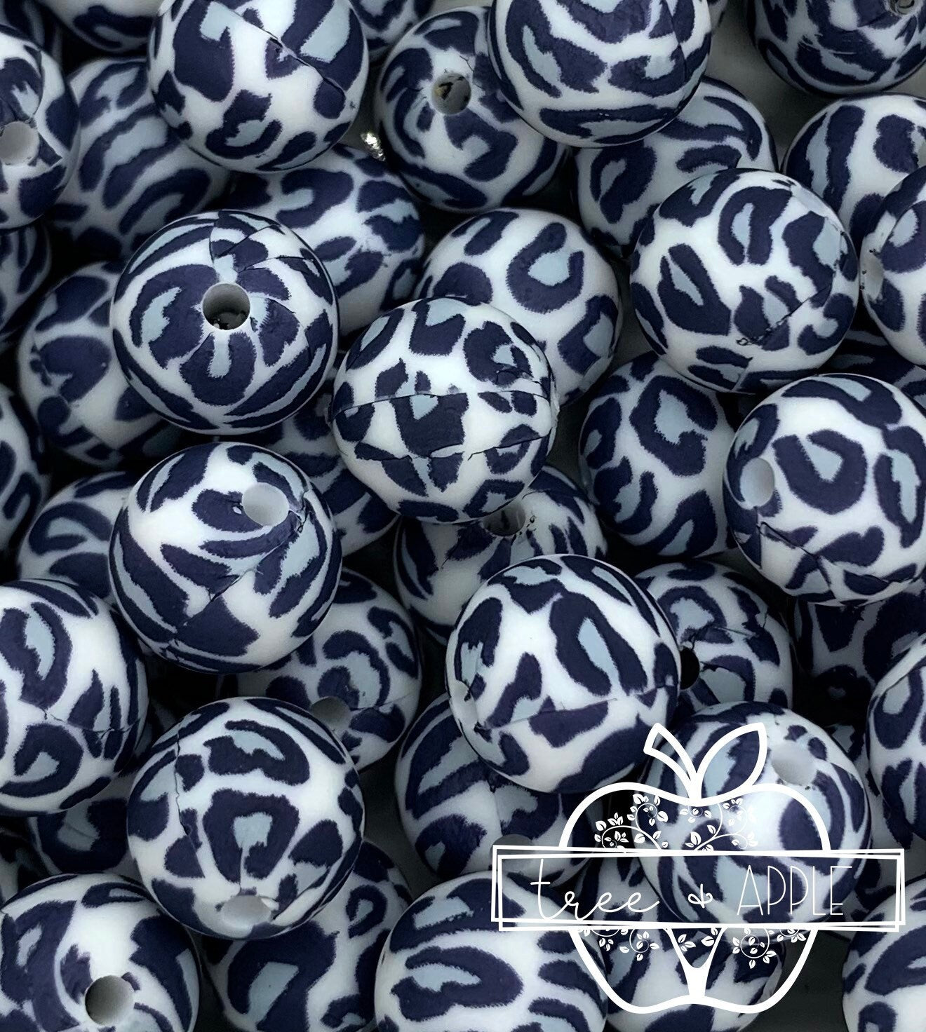 12mm Round Print Grey Leopard Silicone Beads