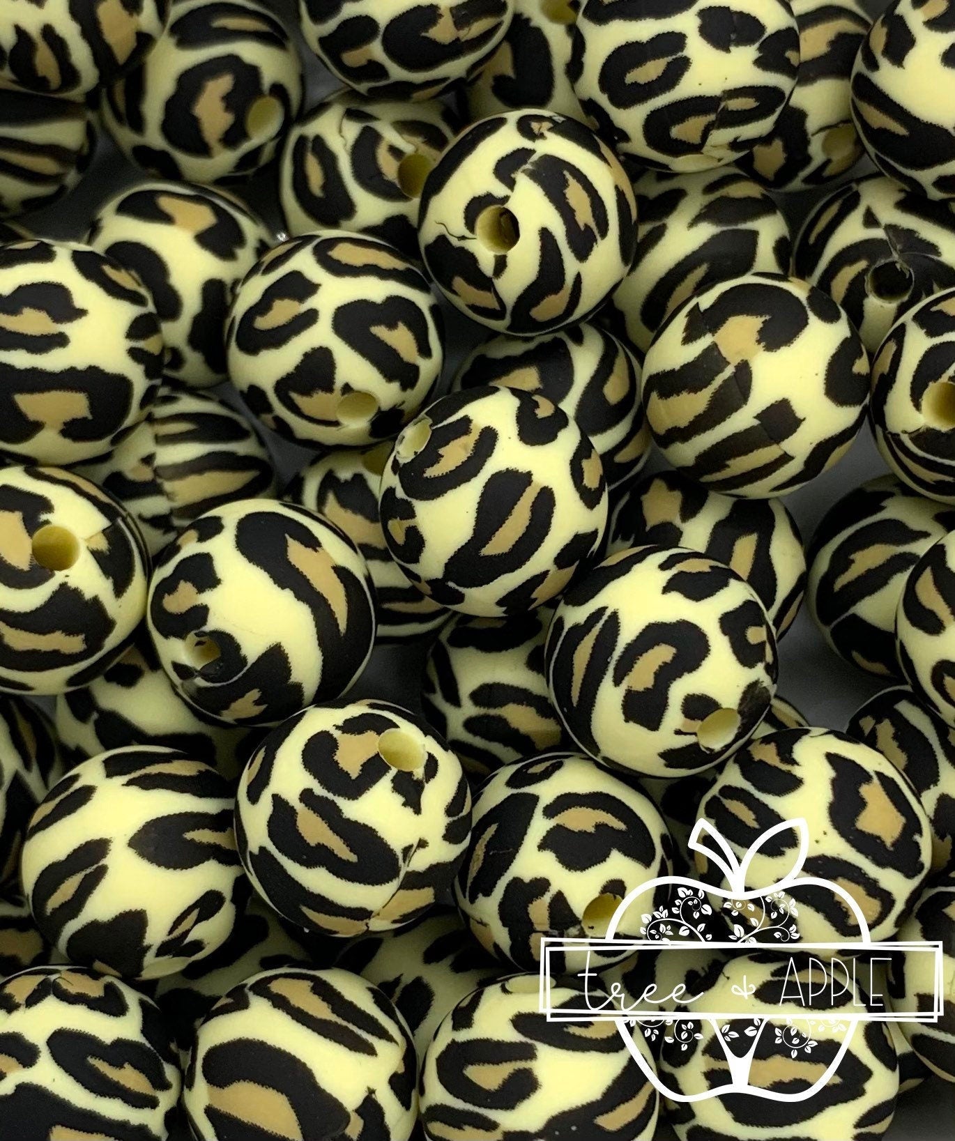15mm Print Beige Leopard Round Silicone Beads, Animal Print Beads