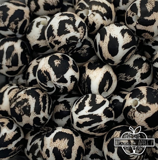 15mm Print Snow Leopard Animal Round Silicone Beads