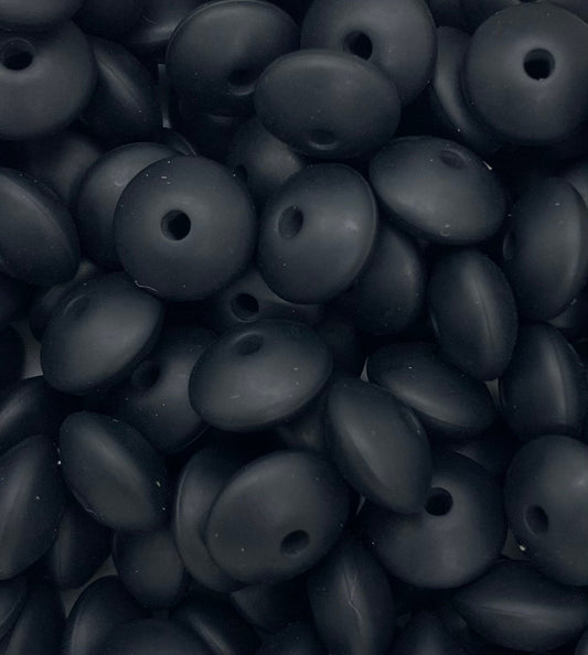 12mm Lentil Black Silicone Beads