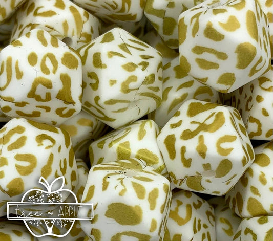 14mm Hexagon Gold Cheetah Animal Print Silicone Beads