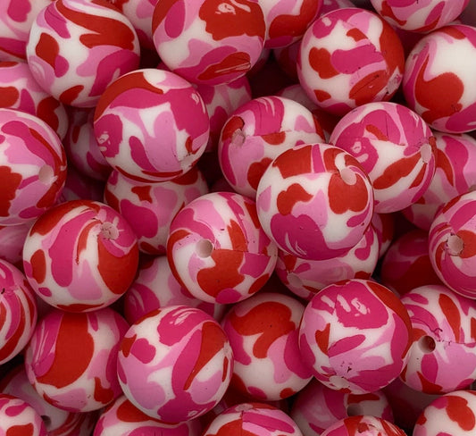 15mm Print Pink Camo Round Silicone Beads