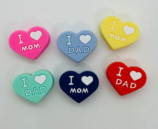 I Love Mom/Dad Heart Silicone Focal Bead, Valentine’s Silicone Bead, Heart Shape Silicone Bead