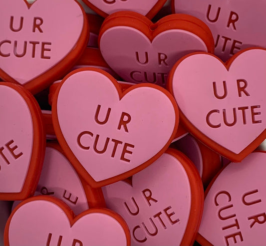 Custom Pink U R Cute Candy Heart Silicone Focal Bead, Valentine’s Silicone Bead, U R Cute Heart Shape Silicone Bead