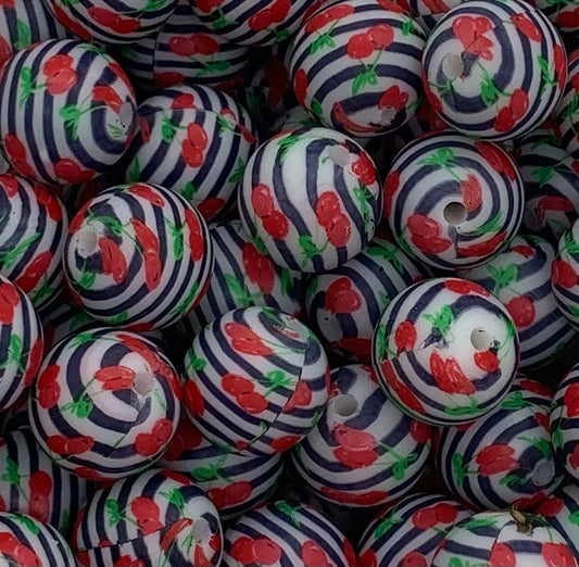 15mm Print Cherry Stripe EXCLUSIVE Silicone Beads